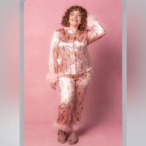 Bella Bunny Set Floral Satin Pajama Set with Feather Trim